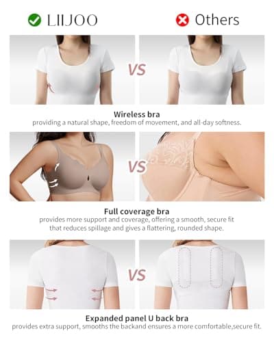 LIIJOO Wire-Free Seamless Full-Coverage Bralette, Lightly-Lined Molded Cups, Side-Back Smoothing, Wide Adjustable Straps, Convertible Crossback, U-Shaped Wing, 4-Row Hook-and-Eye（Ash Gray, L） - Thumbnail 4