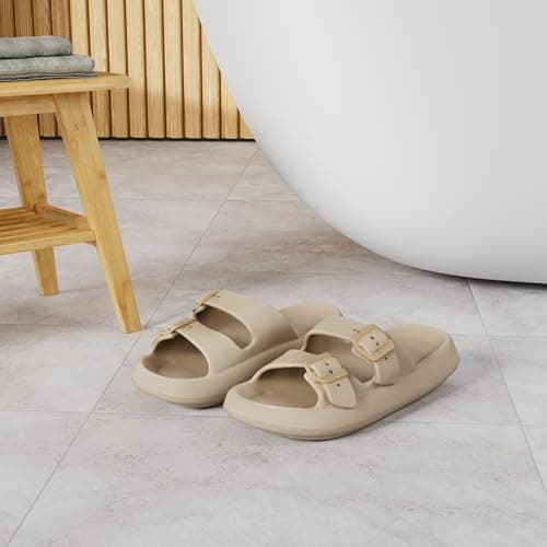 Weweya Soft Foam Slides Sandals for Women and Men Eva Rubber Flat Cozy Slides Outdoor Indoor Pool House Bath Shower Slippers Shoes Tan Men Size 10 10.5 Women Size 11 11.5 - Thumbnail 2
