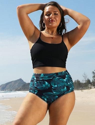 Arolina Women High Waisted Bikini Bottoms Full Coverage Bathing Suit Bottoms Tummy Control Tankini Bottoms Ruched Tropical Bikini Shorts Green Leaves - Thumbnail 4