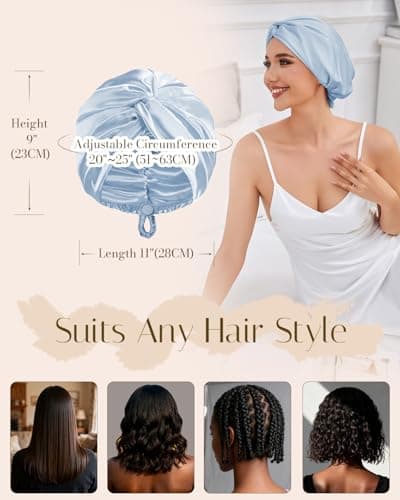HFRHTGY Adjustable Silk Satin Hair Bonnet for Sleeping Women Hair Wrap, Double Layer Night Turban, Sleep Cap for Natural Curly Straight Unisex - Sky Blue - Thumbnail 6