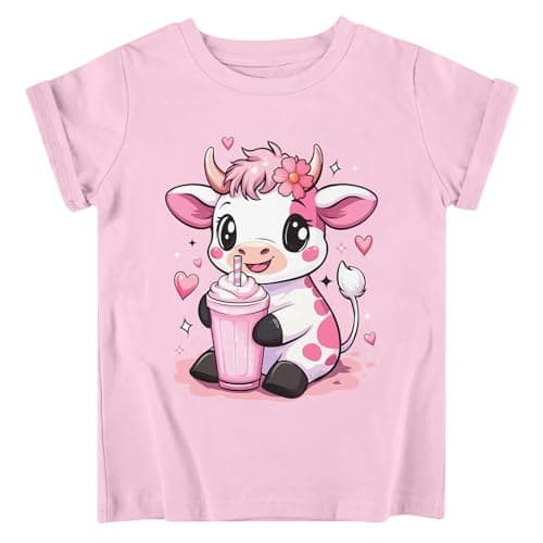Funnycokid Little Girls Shirt 4T 5T Toddler Pink Tees Cartoon Cow Animal Children Cute T-Shirt Graphic Short Sleeve Tops Clothes - Image 1