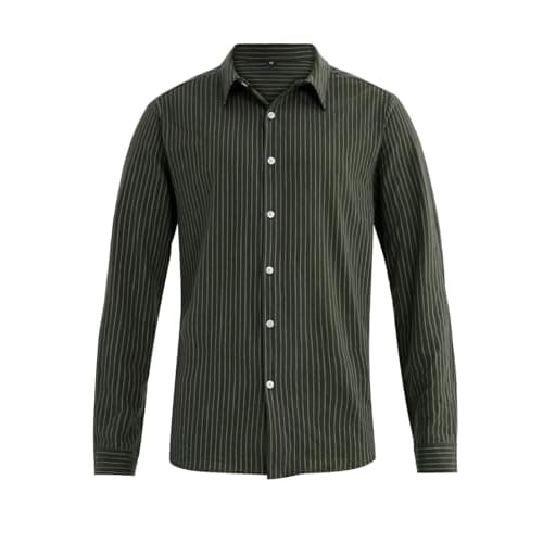 BAYAMO Men's Button-Down Striped Shirts Casual Long Sleeve Cotton Linen Collared Shirts Fashion Business Dress Shirt Green L - Thumbnail 4