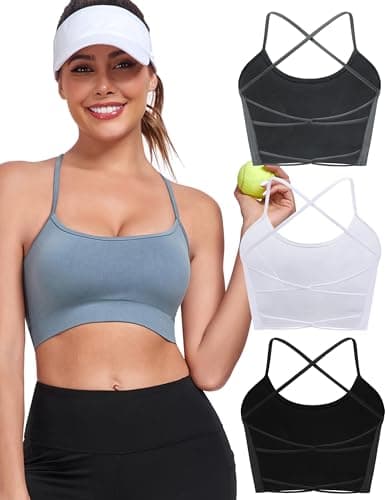 Lusait Sports Bras for Women Medium Support Thin Straps Sexy Criss-Cross Yoga Bra Gym Crop Top for Workout Black+Grey+White M - Image 1