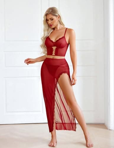 Avidlove Lingerie for Women 3 Pieces Set - Lace Long Nightgown with Side Split, Sexy Chemise for Bridal & Valentine's Day Wine Red - Thumbnail 2