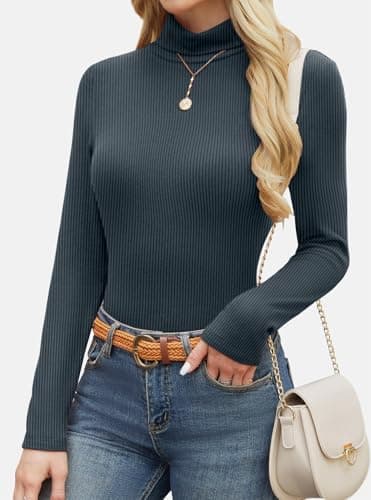 GKBK Women's Turtleneck Sweaters Fitted Long Sleeve Ribbed Shirts Lightweight Thermal Underwear Warm Layering Tops Fall Outfits 2025 Trendy Navy Blue - Thumbnail 5