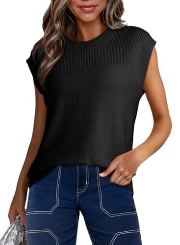Dokotoo Teacher Outfits for Women 2026 Fashion Casual Crewneck Sweater Vest Tops Lightweight Cap Sleeve Ribbed Knit Pullover Sweaters for Women Loose Fit Tank Tops Shirts Spring Clothes Medium Black - Image 1