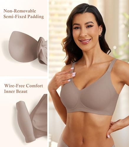 POSESHE Womens Comfortable Bras Wireless Full Coverage Bralettes Seamless Tshirts Bras Push Up Bra with Extender Coffee - Thumbnail 3