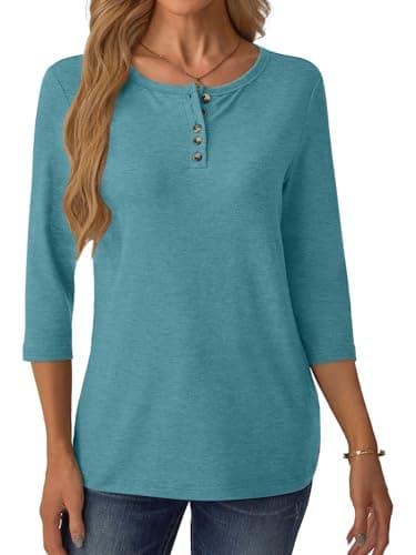 GKBK 3/4 Sleeve Womens Tops Fall Clothes Henley Casual Spring Summer Lightweight Basic Tunic Shirts Teal - Thumbnail 4