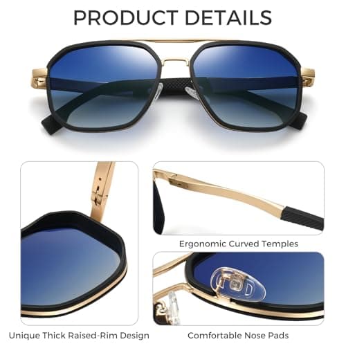 SUNGAIT Polygon Aviator Sunglasses Men Old School Style Adjustable Anti-slip Temples Polarized Lens for Driving Fishing (Matte Black & Gold Frame/Blue Gradient Lens) - Thumbnail 3