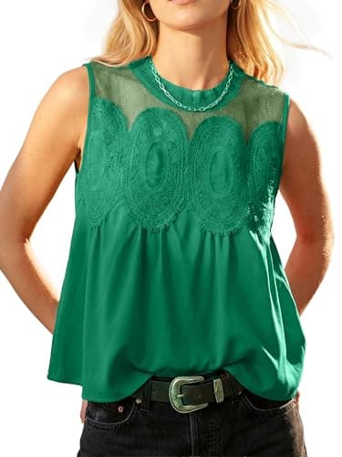 Funlingo Women's Peplum Tops Lace Babydoll Poplin Mesh Embroidered Blouse Dressy Casual Crew Neck Sleeveless Flared Mesh Shirts Green M - Image 1