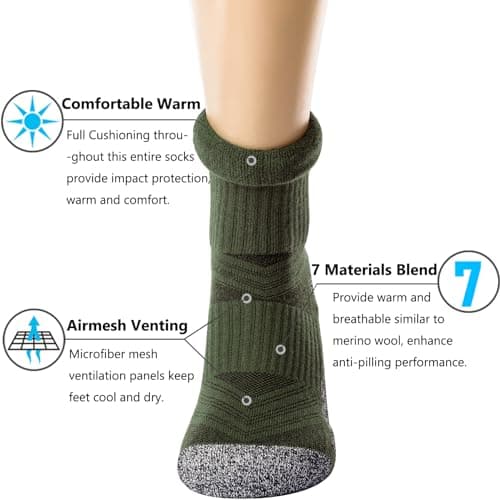 CWVLC Hiking Crew Socks, 3-Pack Men Women Boot Socks for Walking, Hunting, Camping, Winter Outdoor Work, Cosy Cushion, Moisture Wicking, Arch Compression, Anti Blister, Large, Green - Thumbnail 5