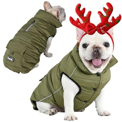 Dog Winter Puffer Jacket Waterproof, Reflective Furry Fleece Lined Dog Coats for Small Medium Dogs, Warm Snow Coat, Insulated Cold Weather Dogs Vest Jackets with Leash Hole, Olive - Image 1