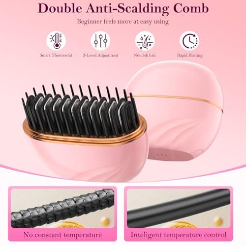 Mini Hair Straightener Brush, Rechargeable Portable Hair Straightener Brush, 3-Speed Temperature Control All Hair Types, Anti Scald Shell,Fast Heating Hot Comb, Idea for Travel Gift Hair Straightener - Thumbnail 4