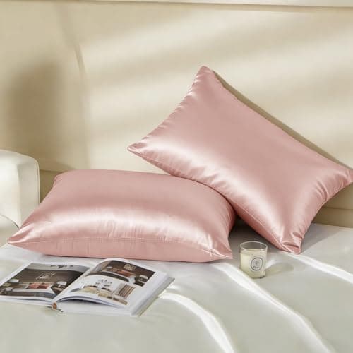Natural Silk Pillow Cases for Hair and Skin, 2 Pack Cooling Satin Feel Queen Size Pillowcases, Super Soft & Breathable Sleeping Bed Pillow Covers with Hidden Zipper 20x28 Inches (Pink) - Thumbnail 6