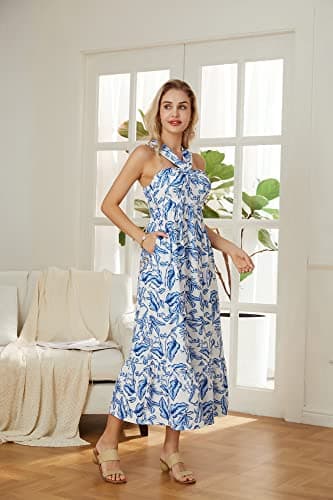 GRACE KARIN Women Halterneck Sleeveless Flowy Summer Beach Party Maxi Dress White Blue XXL - Thumbnail 4