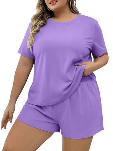 NANYUAYA Plus Size Women's Pajama Set, Soft Sleep Tops & Lounge Shorts with Pockets 2-Piece Sleepwear for Women Dusty Lavender - Image 1