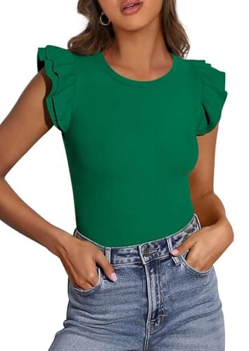 PRETTYGARDEN Womens Summer Crew Neck T Shirts 2026 Trendy Ruffle Sleeve Slim Fit Knit Going Out Tops Casual Spring Clothes (Green,XX-Large) - Image 1