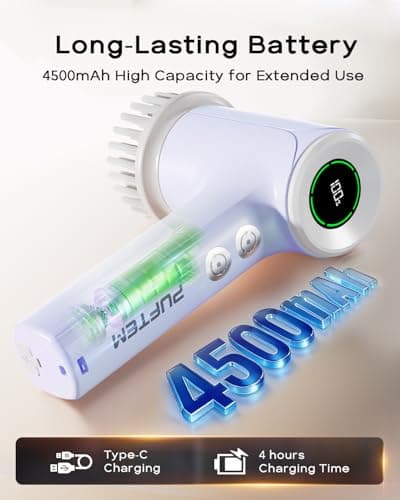 PUFTEM Shower Scrubber, Electric Spin Scrubber for Bathroom Cleaning – Cordless Shower Cleaner Brush with 6 Brush Heads, Dual-Direction Rotation, for Grout, Tile, Tub, Sink & Corners, Purple - Thumbnail 6