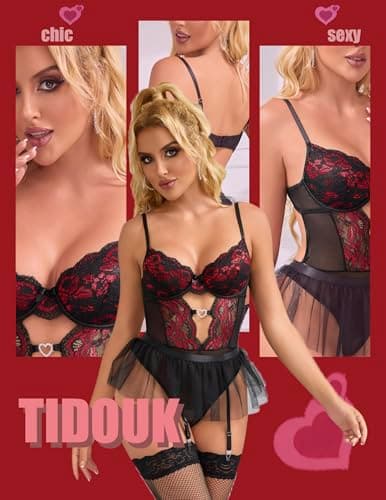 Tidouk Lingerie Sets Lace Lingerie for Women Sexy Push Up Teddy Lingerie with Gartet Belt（Black+Red,XX-Large - Thumbnail 5