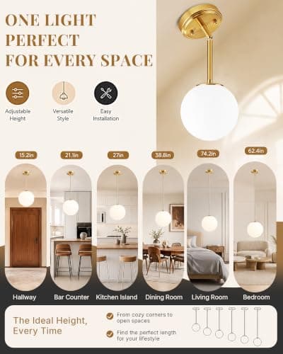 Majade Globe Pendant Lights Kitchen Island Mid Century Modern Pendant Light Fixtures 7.4 Inch Gold Ceiling Lighting with Milk Glass Shade Adjustable Brushed Brass Hanging Light for Dining Room - Thumbnail 4