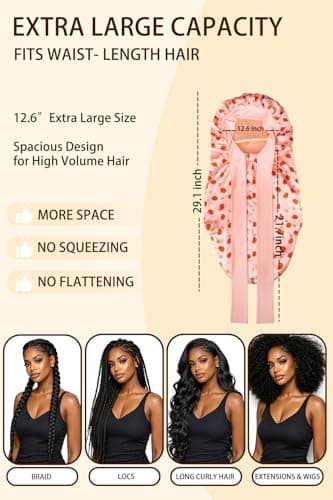Vettres Extra Large Satin Bonnet for Braids & Locs, No Slip Tie Band Stays On All Night, Silky Sleep Cap Won’t Flatten Hair Strawberries - Thumbnail 4