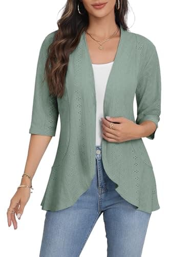 Askyes Women's Casual Cardigan Eyelet Embroidery Open Front Spring Loose Lightweight Beach Cardigan 3/4 Sleeve,Grayish Green,XL