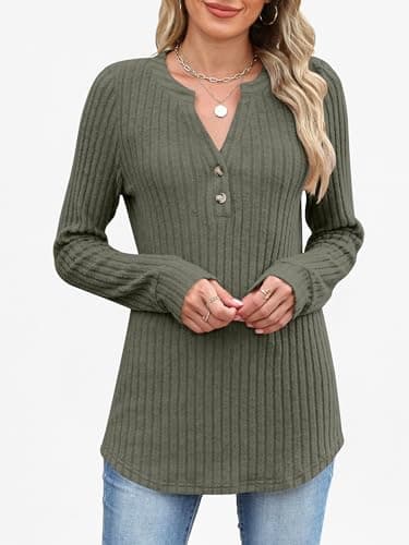 ANRABESS Womens Long Sleeve Henley Shirts 2026 Fall Tunic Tops Ribbed Knit Lightweight Sweaters Dressy Casual Blouse Outfits Deep Green Medium - Thumbnail 4