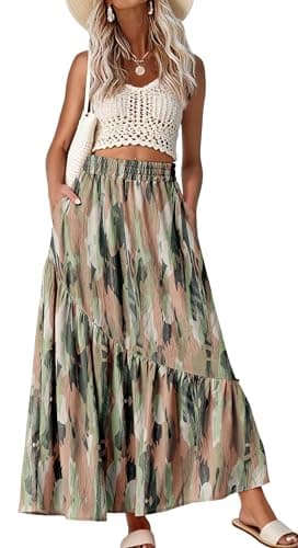 GRECERELLE Maxi Skirts for Women Trendy Summer 2026 Boho Long Flowy A Line Tiered Skirt with Pockets for Beach Vacation, Camou Green Pink, M - Image 1