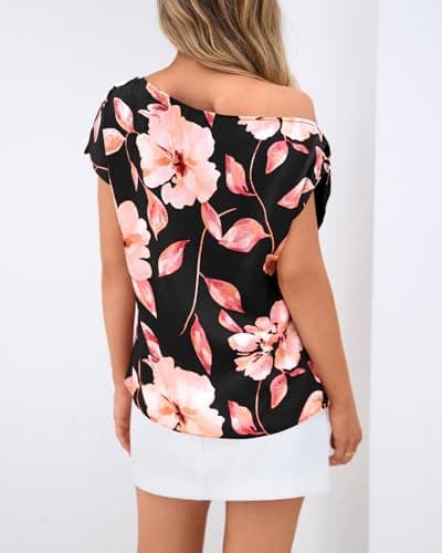 Zenlonr Womens Off The Shoulder Tops 2026 Summer Casual Short Sleeve T Shirts Boho Floral Blouse Trendy Going Out Tops(Black Pink Flower,XX-Large) - Thumbnail 5