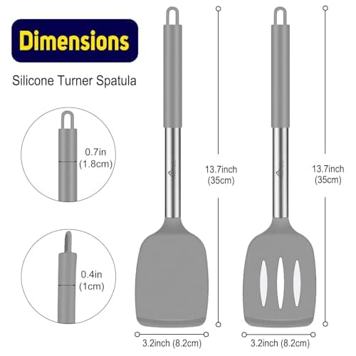 HOTEC Silicone Spatula Set of 2 Heat-Resistant 600°F & BPA-Free Kitchen SaptulaTurner with Stainless Steel Handles, Slotted & Solid Spatulas for Nonstick Cookware, 13.7 Inch, Grey - Thumbnail 5
