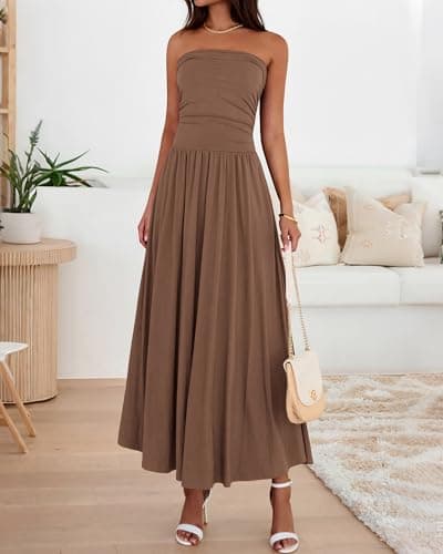 BTFBM Summer Maxi Dresses for Women 2026 Strapless Ruched Tube Top Beach Vacation Spring Wedding Guest Dress Pockets(Light Brown, Large) - Thumbnail 2