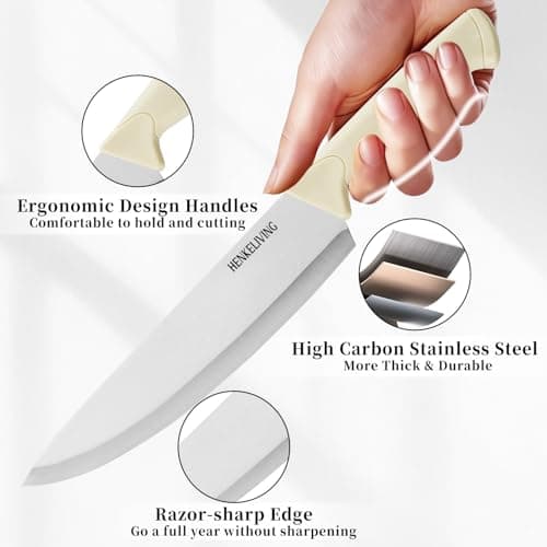 HENKELIVING Knife Set, 6-Piece Kitchen Knife Set, German High Carbon Stainless Steel, Durable & Easy Clean Knife Block, Cream - Thumbnail 3
