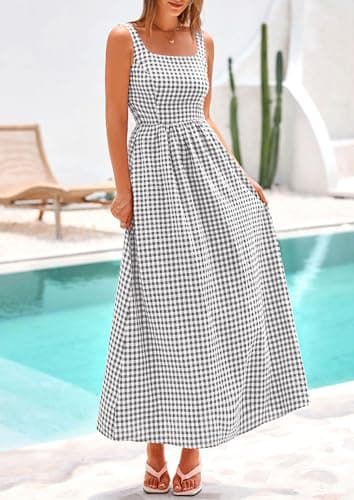 PRETTYGARDEN Women's 2026 Summer Spaghetti Strap Maxi Dresses Plaid Square Neck A Line Casual Beach Vacation Long Sundress (Grey,X-Large) - Thumbnail 6