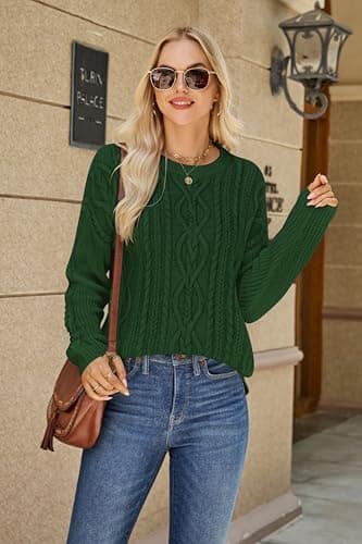 QIANSIQIANBO Women's Cable Knit Sweaters Oversized Crewneck Sweater Long Sleeve Cozy Pullover Top Business Casual Fall Clothes (L) Green - Thumbnail 3