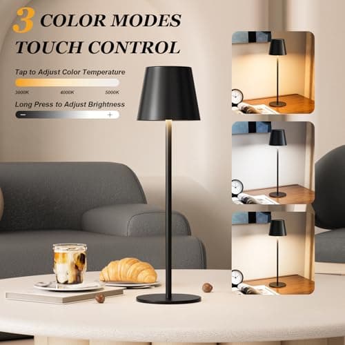Kakanuo Cordless Table Lamp Rechargeable Black - KK 2 Pack 5000mAH Battery Operated Lamp for Counter, 3 Color Stepless Dimming Wireless Lamp for Dining Kitchen, Outdoor Patio, Touch Control - Thumbnail 2