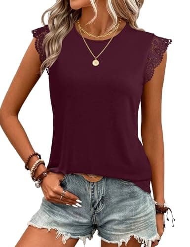 JUSTFASHIONNOW Womens Sleeveless Lace Trim Tops Flutter Ruffle Cap Sleeve Blouses Dressy Summer Casual T-Shirt Wine Red - Image 1