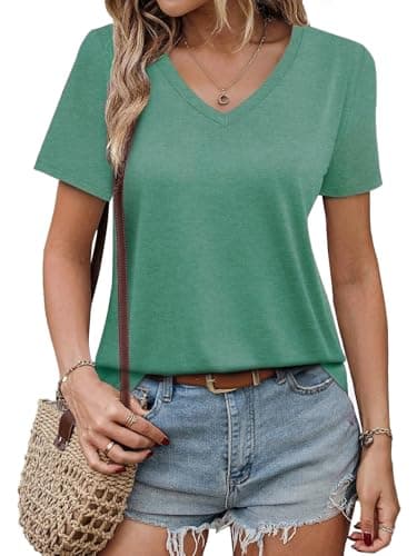 GKBK Womens Short Sleeve T Shirts V Neck Tops Summer Trendy Comfy Casual Basic Tee Shirt Dark Green,XL - Image 1
