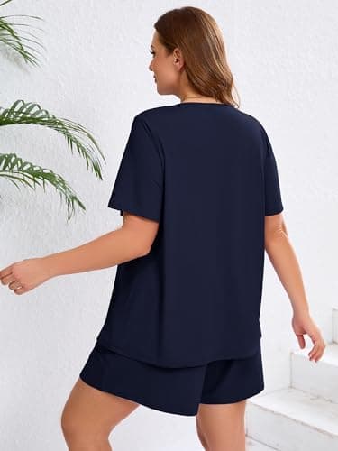 AusLook Women's Plus Size Pajama Sets Short Sleeve Top and Shorts Navy Blue 2X Comfy Soft Ladies Short Pajamas Set Loungwear Sleepwear Pjs Set 2 Piece Lounge Set with Pockets - Thumbnail 3