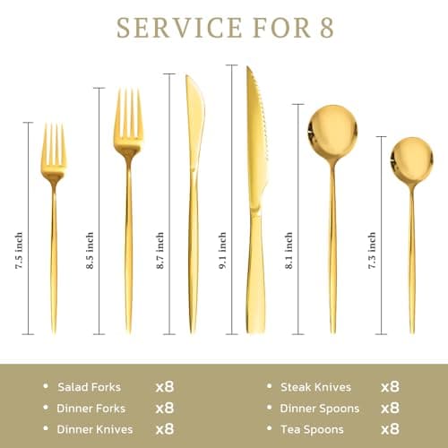 Astercook Silverware Set 48-Piece Gold Flatware Set with Steak Knives Food-Grade Stainless Steel Cutlery Set for 8 Mirror Polished Utensils Set for Home Kitchen Restaurant Valentine's Gift - Thumbnail 6