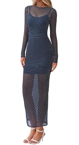 BTFBM Fall Dresses for Women 2026 2 Piece Set Long Sleeve Polka Dot Sexy Bodycon Mesh Dress and Slip Dress Party Wedding(Small Dot Navy White, X-Small) - Thumbnail 3