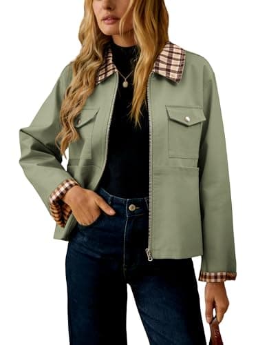 UEAL Cute Spring Jacket For Women 2026 Casual Green Plaid Military Casual Barn Jackets X-Large Green - Image 1
