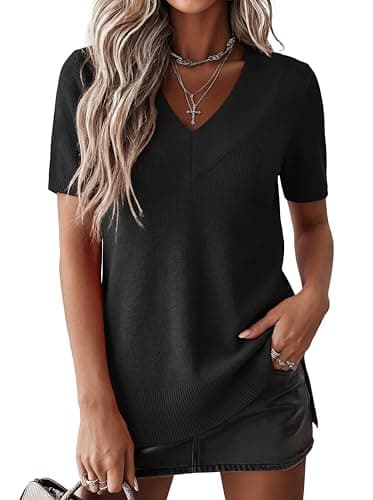 Jouica Womens Short Sleeve Sweater V Neck Ribbed Knit Tops Summer Business Casual Work Shirts with Side Slit,Large,Black - Image 1
