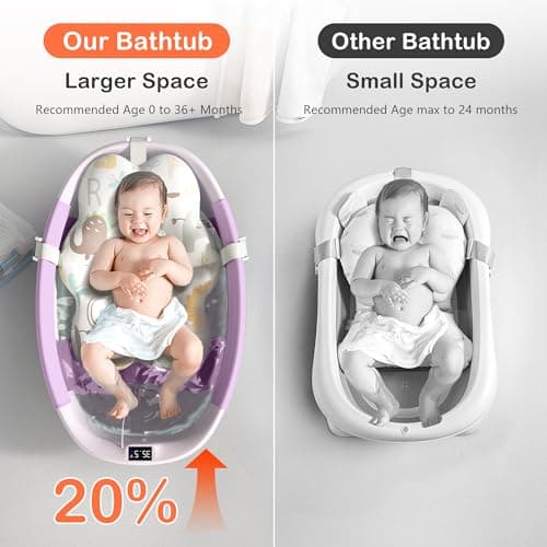 Collapsible Baby Bathtub - Large Baby Bath Tub with Thermometer & Cushion | Travel Portable Newborn Infant Bathtub | Foldable Toddler Bathtub for Baby 0 to 36 Months (Purple) - Thumbnail 3