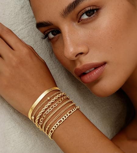 10 Pcs Gold Bracelets Set for Women, 14K Gold Plated Stackable Cuban Link Paperclip Chain Bracelet Pack, Dainty Gold Bracelets Stack Jewelry Gift (Gold-A 1) - Thumbnail 3
