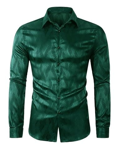 ZAFUL Mens Luxury Jacquard Long Sleeve Dress Shirt Button Down Shiny Satin Slik Wedding Party Shirts Green M - Image 1