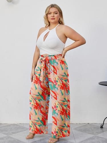 AusLook Plus Size Wide Leg Pants for Women High Waist Elastic Drawstring Palazzo Casual Lounge Beach Travel Vacation Resort Lifeful Color Block 5X Pants with Pockets Flowy Summer Comfy Outfit - Thumbnail 3