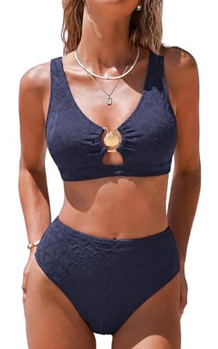 Hanna Nikole Push Up Bikini Sets for Women Metal Seashell 2 Piece Sexy Swimsuit Textured Beachwear L Navy Blue - Image 1