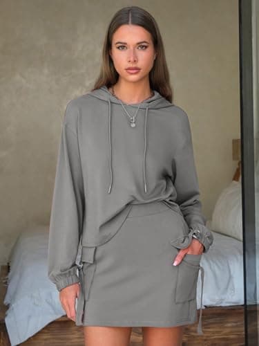 EXLURA Women Two Piece Set Cotton Sweatsuit Travel Airport Outfits 2026 Tracksuit Hooded Sweatshirt Cargo Skort Skirt Pockets - Thumbnail 6