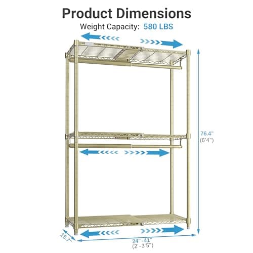 VIPEK X1 Expandable Clothes Rack Heavy Duty Adjustable from 2' to 3'5" with Adjustable Shelves and Hanger Rods, Reach-in & Walk-in Closets Metal Garment Racks Portable Closet, Gold - Thumbnail 5