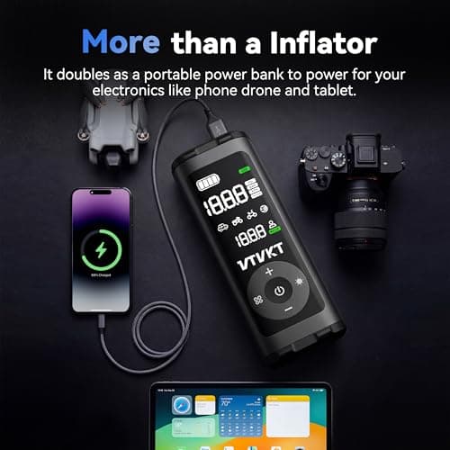 VTVKT Tire Inflator Portable Air Compressor, Cordless Inflation Air Pump,12000mAh, 150PSI, Auto Stop, Tire Pressure Gauge, LED/SOS Light, for Car SUV Motorcyle Bike, Flagship Package - Thumbnail 5